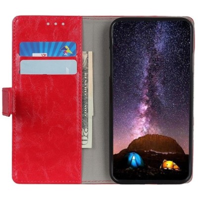 OnePlus 7 (OnePlus Seven) atverčiamas raudonas odinis dėklas, knygutė - piniginė / Priedai.lt