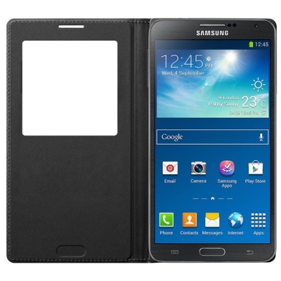 Samsung Galaxy Note 3 S View Cover atverčiamas juodas odinis dėklas / Priedai.lt