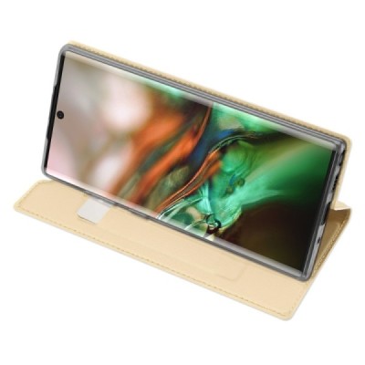 „Dux Ducis“ Skin serijos Samsung Galaxy Note 10 (N970F) auksinis odinis atverčiamas dėklas / Priedai.lt