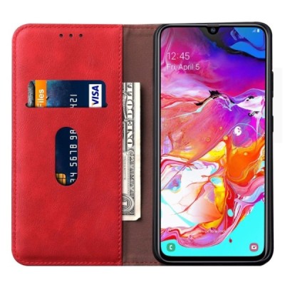 „Deluxe“ atverčiamas raudonas odinis Samsung Galaxy A70 (A705F) dėklas - knygutė / Priedai.lt