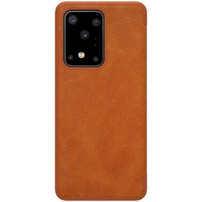 Samsung Galaxy S20 Ultra (G988) prabangus Nillkin Qin serijos rudas odinis atverčiamas dėklas - knygutė | Priedai.lt
