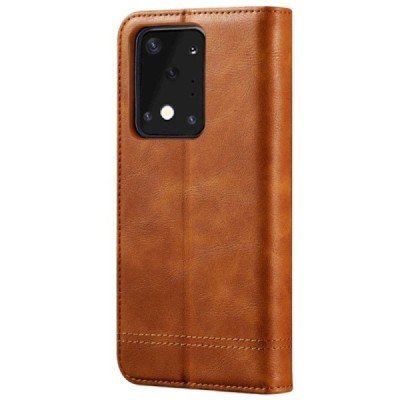 Deluxe atverčiamas šviesiai rudas odinis Samsung Galaxy S20 Ultra (G988) dėklas - knygutė | Priedai.lt
