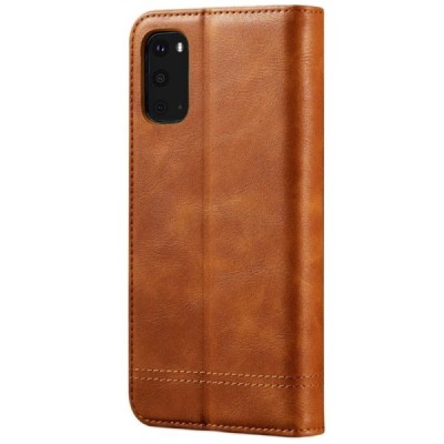 Deluxe atverčiamas švieisiai rudas odinis Samsung Galaxy S20 (G980) dėklas - knygutė | Priedai.lt