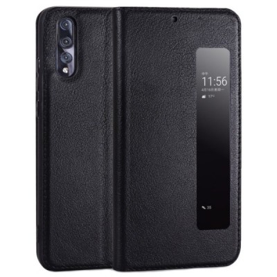 „Royale“ Huawei P20 Pro juodas odinis atverčiamas dėklas su langeliu / Priedai.lt