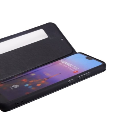 „Royale“ Huawei P20 Pro juodas odinis atverčiamas dėklas su langeliu / Priedai.lt