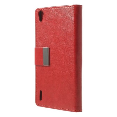 Huawei Ascend P7 atverčiamas raudonas odinis dėklas - piniginė / Priedai.lt