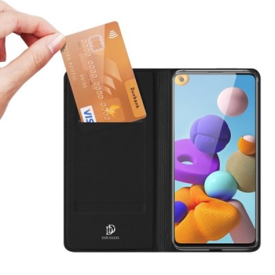 Dux Ducis Skin serijos Samsung Galaxy A21s (A217) juodas odinis atverčiamas dėklas | Priedai.lt