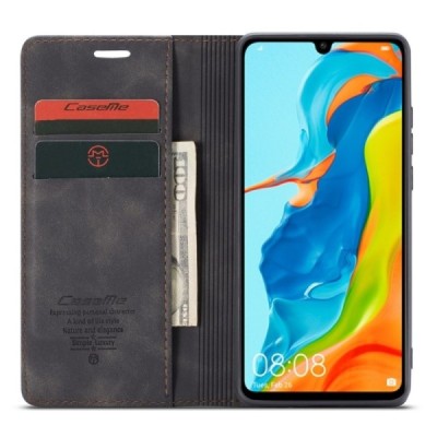 Huawei P30 Lite CaseMe Retro solidus atverčiamas juodas odinis dėklas - knygutė | Priedai.lt