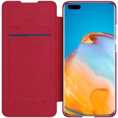 Huawei P40 Pro+ prabangus Nillkin Qin serijos raudonas odinis atverčiamas dėklas - knygutė | Priedai.lt
