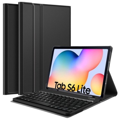 Samsung Galaxy Tab S6 Lite 10.4 (P615, P610, P613, P619) atverčiamas juodas odinis dėklas su bluetooth belaide klaviatūra | Prie