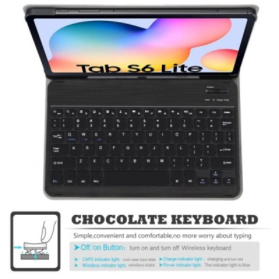 Samsung Galaxy Tab S6 Lite 10.4 (P615, P610, P613, P619) atverčiamas juodas odinis dėklas su bluetooth belaide klaviatūra | Prie
