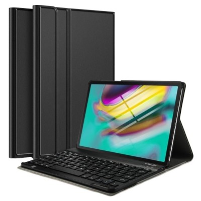 Samsung Galaxy Tab S5e (T720, T725) atverčiamas juodas odinis dėklas su bluetooth belaide klaviatūra | Priedai.lt