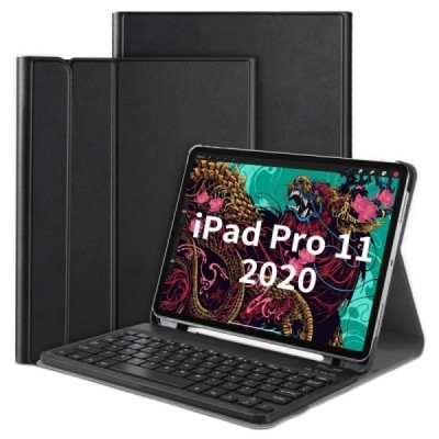 Apple iPad Pro 11 (2021 / 2020 / 2018 / Air 4 2020) atverčiamas juodas odinis dėklas su bluetooth belaide klaviatūra | Priedai.l