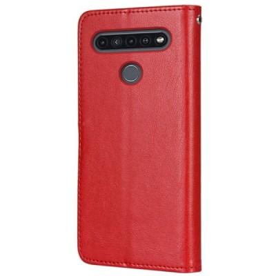 LG K51s (LM-K510) atverčiamas raudonas odinis dėklas, knygutė - piniginė | Priedai.lt