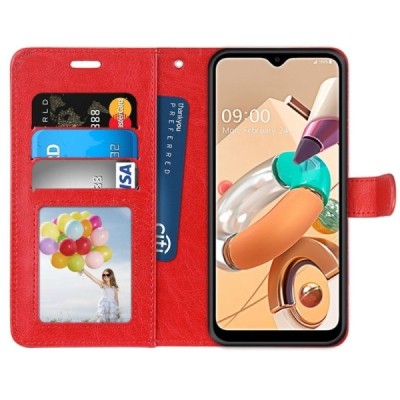 LG K51s (LM-K510) atverčiamas raudonas odinis dėklas, knygutė - piniginė | Priedai.lt