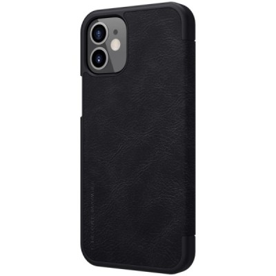 Prabangus „Nillkin“ Qin serijos juodas odinis atverčiamas Apple iPhone 12 Mini dėklas | Priedai.lt