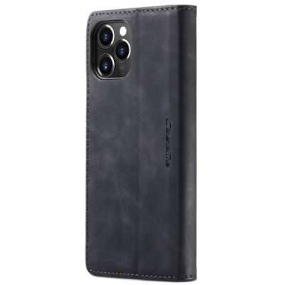 Apple iPhone 12 (12 Pro) CaseMe Retro solidus atverčiamas juodas odinis dėklas - knygutė | Priedai.lt