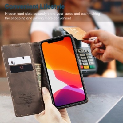 Apple iPhone 12 (12 Pro) CaseMe Retro solidus atverčiamas tamsiai rudas odinis dėklas - knygutė | Priedai.lt