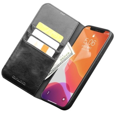Apple iPhone 12 Pro Max „QIALINO“ atverčiamas juodas odinis dėklas - knygutė  Priedai.lt
