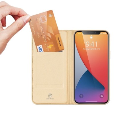 „Dux Ducis“ Skin serijos Apple iPhone 12 Mini auksinis odinis atverčiamas dėklas | Priedai.lt