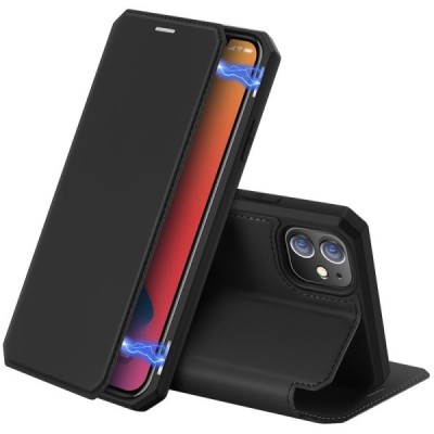 Dux Ducis Skin X serijos Apple iPhone 12 Mini juodas odinis atverčiamas dėklas | Priedai.lt