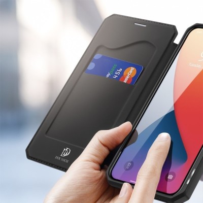 Dux Ducis Skin X serijos Apple iPhone 12 Mini juodas odinis atverčiamas dėklas | Priedai.lt