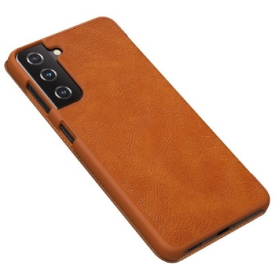 Samsung Galaxy S21 (G991B) prabangus Nillkin Qin serijos rudas odinis atverčiamas dėklas - knygutė | Priedai.lt