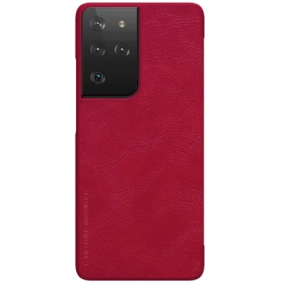 Samsung Galaxy S21 Ultra (G998B) prabangus Nillkin Qin serijos raudonas odinis atverčiamas dėklas - knygutė | Priedai.lt
