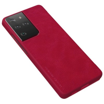 Samsung Galaxy S21 Ultra (G998B) prabangus Nillkin Qin serijos raudonas odinis atverčiamas dėklas - knygutė | Priedai.lt