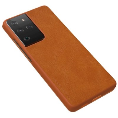 Samsung Galaxy S21 Ultra (G998B) prabangus Nillkin Qin serijos rudas odinis atverčiamas dėklas - knygutė | Priedai.lt