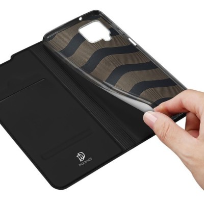 Dux Ducis Skin serijos Samsung Galaxy A12 (A125F) juodas odinis atverčiamas dėklas | Priedai.lt