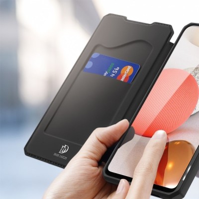 Dux Ducis Skin X serijos Samsung Galaxy A42 5G juodas odinis atverčiamas dėklas | Priedai.lt