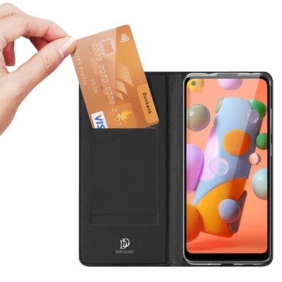 Dux Ducis Skin serijos Samsung Galaxy M11 (M115F) juodas odinis atverčiamas dėklas | Priedai.lt