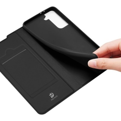 Dux Ducis Skin serijos Samsung Galaxy S21 (G991B) juodas odinis atverčiamas dėklas | Priedai.lt
