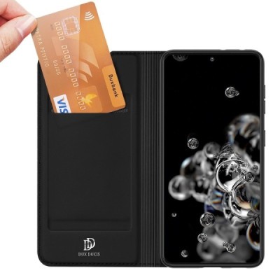 Dux Ducis Skin serijos Samsung Galaxy S21 Ultra (G998B) juodas odinis atverčiamas dėklas | Priedai.lt