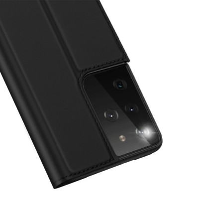Dux Ducis Skin serijos Samsung Galaxy S21 Ultra (G998B) juodas odinis atverčiamas dėklas | Priedai.lt