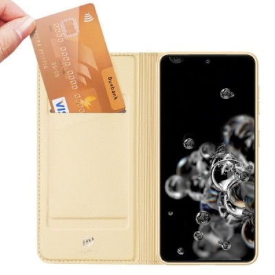 Dux Ducis Skin serijos Samsung Galaxy S21 Ultra (G998B) auksinis odinis atverčiamas dėklas | Priedai.lt