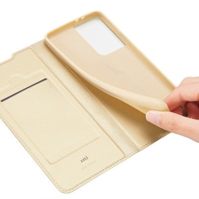 Dux Ducis Skin serijos Samsung Galaxy S21 Ultra (G998B) auksinis odinis atverčiamas dėklas | Priedai.lt
