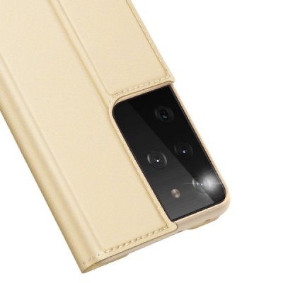 Dux Ducis Skin serijos Samsung Galaxy S21 Ultra (G998B) auksinis odinis atverčiamas dėklas | Priedai.lt