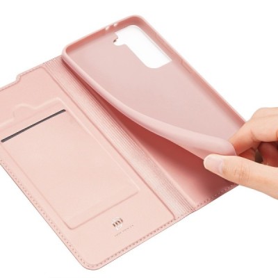 Dux Ducis Skin serijos Samsung Galaxy S21+ (G996B) rožinis odinis atverčiamas dėklas | Priedai.lt