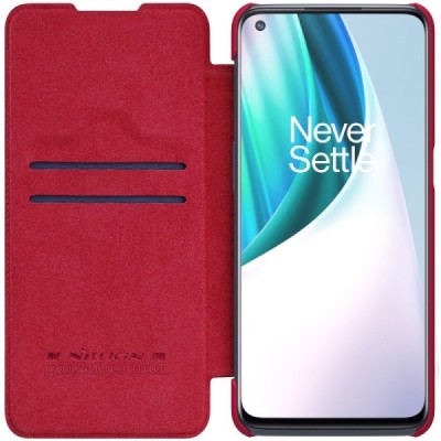 Prabangus „Nillkin“ Qin serijos raudonas odinis atverčiamas OnePlus Nord N10 5G dėklas | Priedai.lt