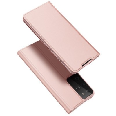 Dux Ducis Skin serijos Samsung Galaxy S21 Ultra (G998B) rožinis odinis atverčiamas dėklas | Priedai.lt