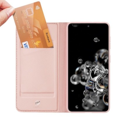 Dux Ducis Skin serijos Samsung Galaxy S21 Ultra (G998B) rožinis odinis atverčiamas dėklas | Priedai.lt