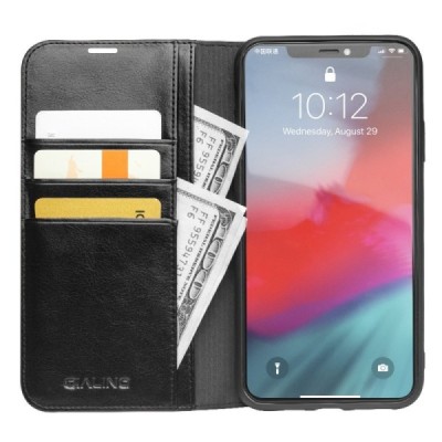 Apple iPhone 11 Pro „QIALINO“ atverčiamas juodas odinis dėklas - knygutė | Priedai.lt