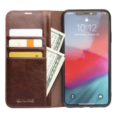 Apple iPhone 11 Pro „QIALINO“ atverčiamas rudas odinis dėklas - knygutė | Priedai.lt