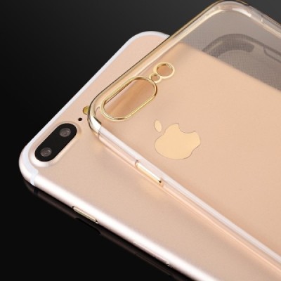 Apple iPhone 7 (iPhone 8, SE 2020) „Sulada“ kieto silikono (TPU) silikoninis skaidrus permatomas plonas dėklas su auksiniu rėmel