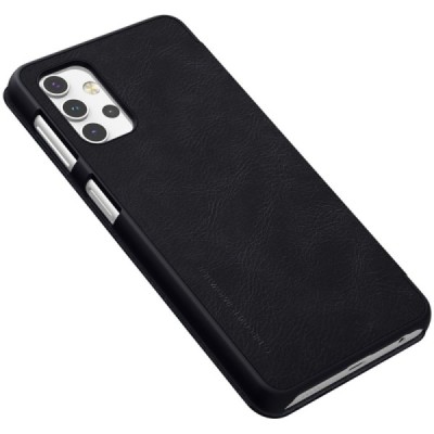 Prabangus „Nillkin“ Qin serijos juodas odinis atverčiamas Samsung Galaxy A32 5G dėklas | Priedai.lt