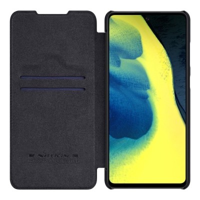 Prabangus „Nillkin“ Qin serijos juodas odinis atverčiamas Samsung Galaxy A72 (A726B) dėklas | Priedai.lt