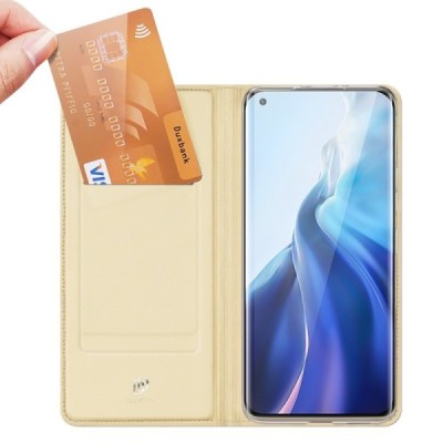 Dux Ducis Skin serijos Xiaomi Mi 11 auksinis odinis atverčiamas dėklas | Priedai.lt