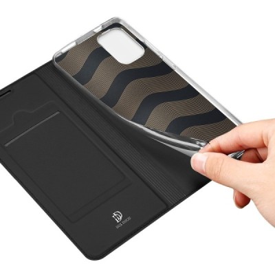 Dux Ducis Skin serijos Xiaomi Redmi Note 10 4G (Note 10s, Poco M5s) juodas odinis atverčiamas dėklas | Priedai.lt